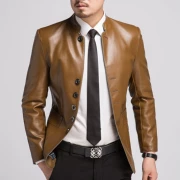 Mùa xuân và mùa thu New Hained Leather Men New Leather Suit Slim Leather Jacket Suit Cổ áo Mùa thu mùa đông Leather Jacket Men Wear