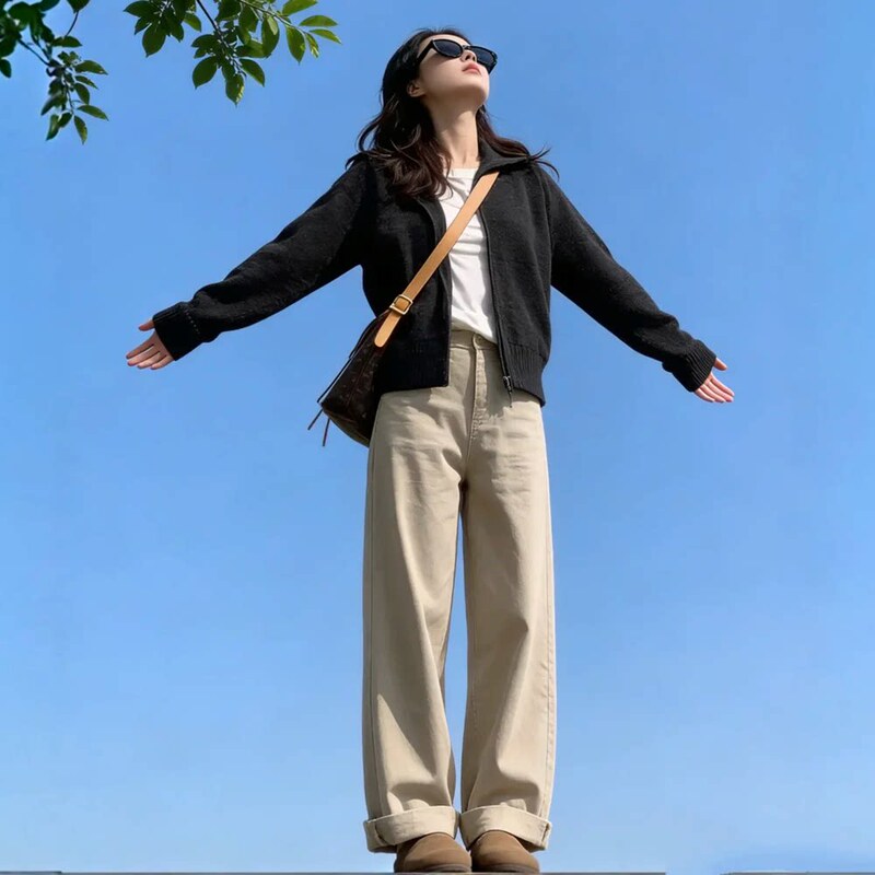 Khaki Narrow Wide-Leg Jeans for Women, 2026 Spring New High-Waisted Loose Old Money Style Straight Pants for Petite Figures