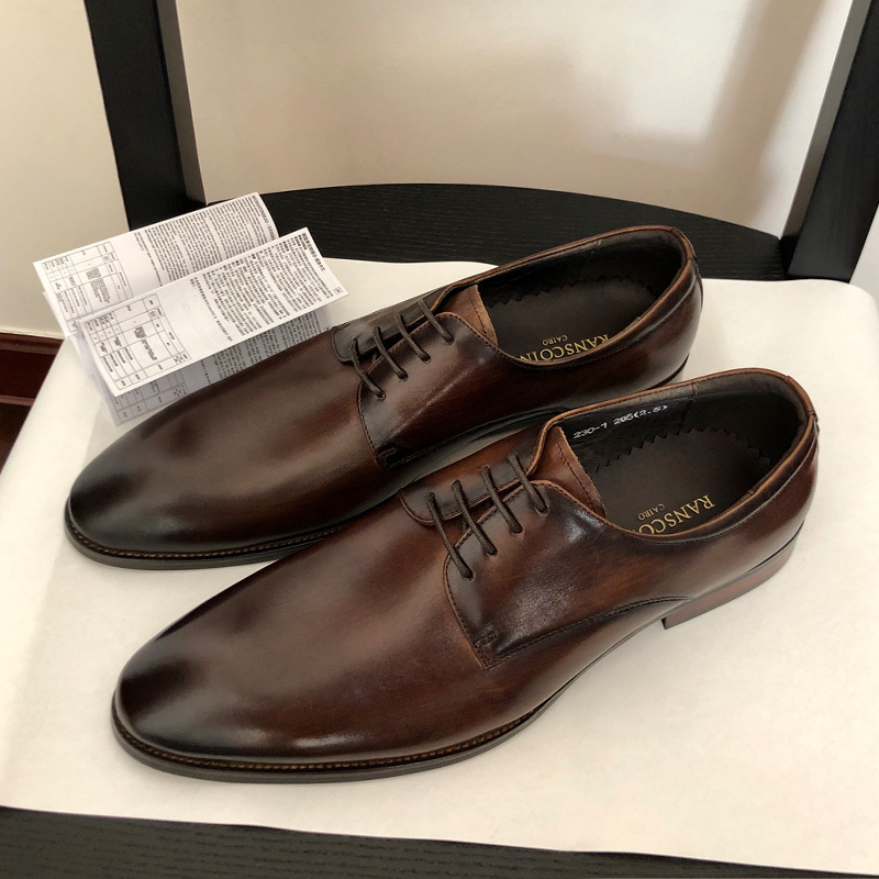 Don'T Let You Down! Personal Collection! Genuine Leather Handmade Gentleman's Business Formal Wear Versatile Lace-Up Round-Toe Shoes for Men