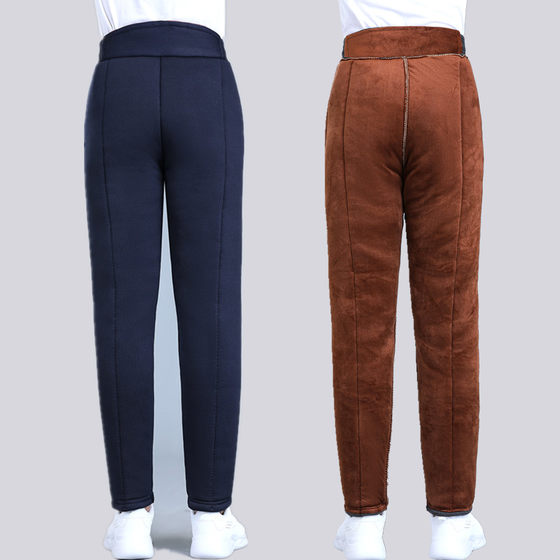 Middle-aged and elderly men's trousers high-waisted large size plus velvet warm trousers winter waist protection thickened camel hair cotton trousers elastic waist trousers for the elderly