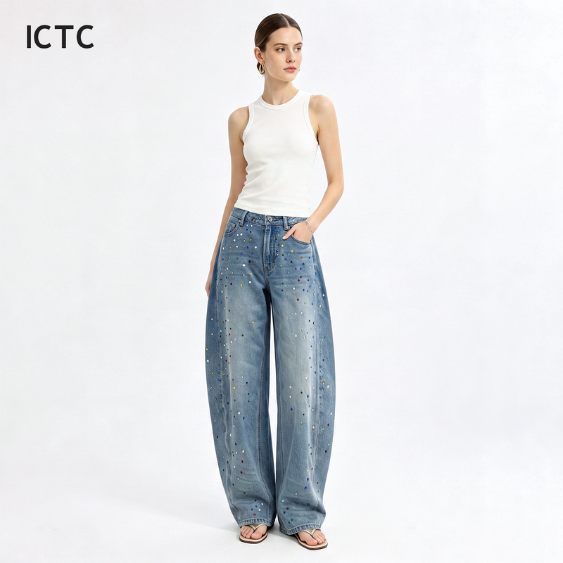 2026 Summer New Style Rhinestone Design Denim Scimitar Pants, Mid-High Waist, Loose Casual Summer Thin Denim Long Pants 2026 Summer New Style Rhinestone Design Denim Scimitar Pants, Mid-High Waist, Loose Casual Summer Thin Denim Long Pants
