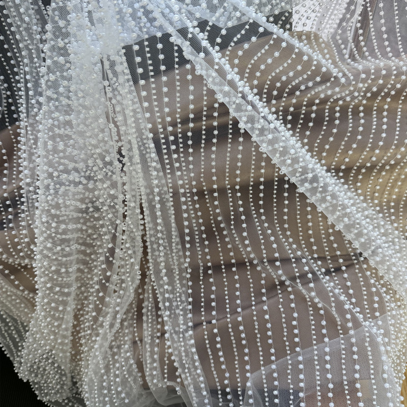 Simple Vertical Stripe Pearl Mesh Beaded Embroidery Fabric DIY Wedding Dress Small Beads Transparent Mesh Lace