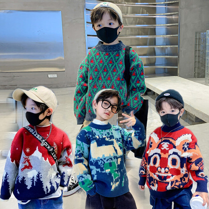 Boys sweater plus velvet thickening 2022 autumn and winter new big boy baby Western style children's knitted bottoming shirt tide