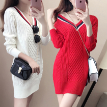 Net red sweater womens 2022 new autumn and winter outerwear loose mid-length bottoming dress thickened v-neck pullover