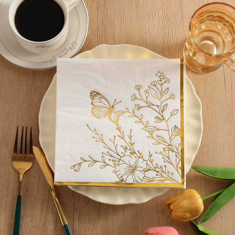 White Background with Gold Foil Butterfly and Floral Design, Elegant Vintage Wedding Celebration Party Dessert Table Decoration Napkins, 20 Pieces White Background with Gold Foil Butterfly and Floral Design, Elegant Vintage Wedding Celebration Party Dessert Table Decoration Napkins, 20 Pieces
