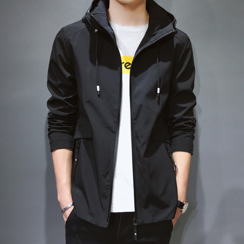 Men's jacket 2021 spring and autumn new trend Korean version handsome fashion casual mid-length hooded windbreaker jacket