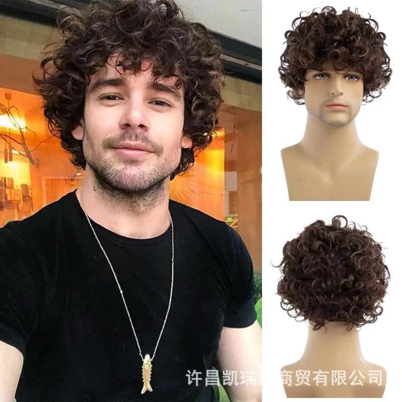Cross-Border New Product Wig, Men's Short Wig, Brown Short Curly Hair, Teddy Curls, High-Temperature Synthetic Fiber