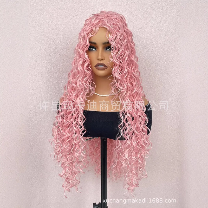 European and American Wigs, Matte Pink Latin American Curly Long Hair, Synthetic Machine-Woven Wigs, in Stock