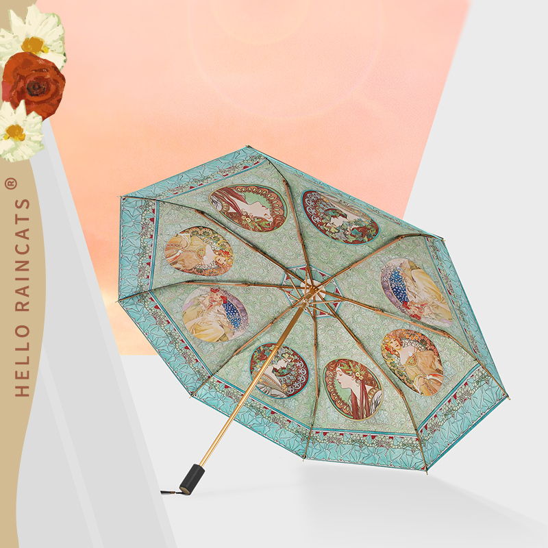 Art Cat Mucha Sun Umbrella, Sun Protection, Uv Protection, Double-Layer Sunshade, Folding Umbrella, Dual-Use for Sun and Rain, Women's Black Coated Sunshade Umbrella