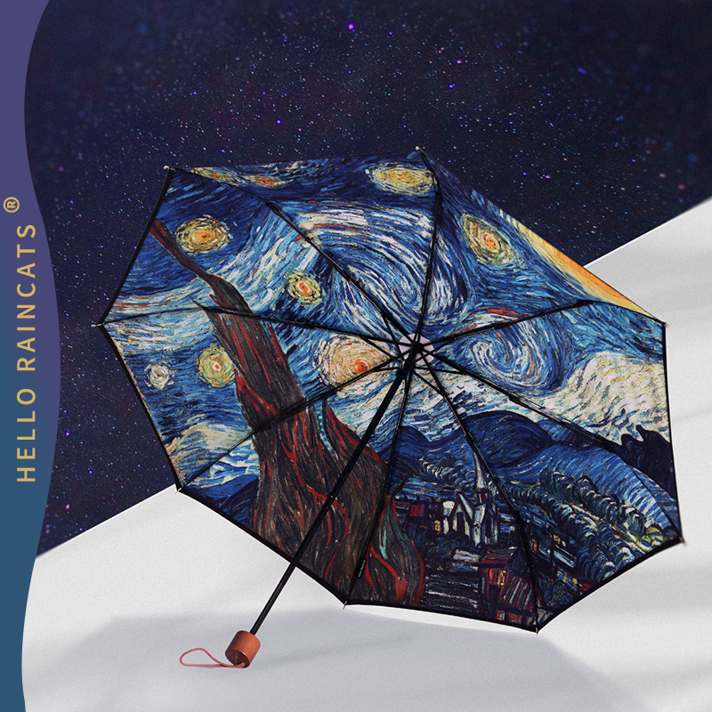 Raincats Art Cat Van Gogh Double-Layer Sun Umbrella Women's Folding Umbrella for Sun and Rain, Uv Protection, Starry Sky