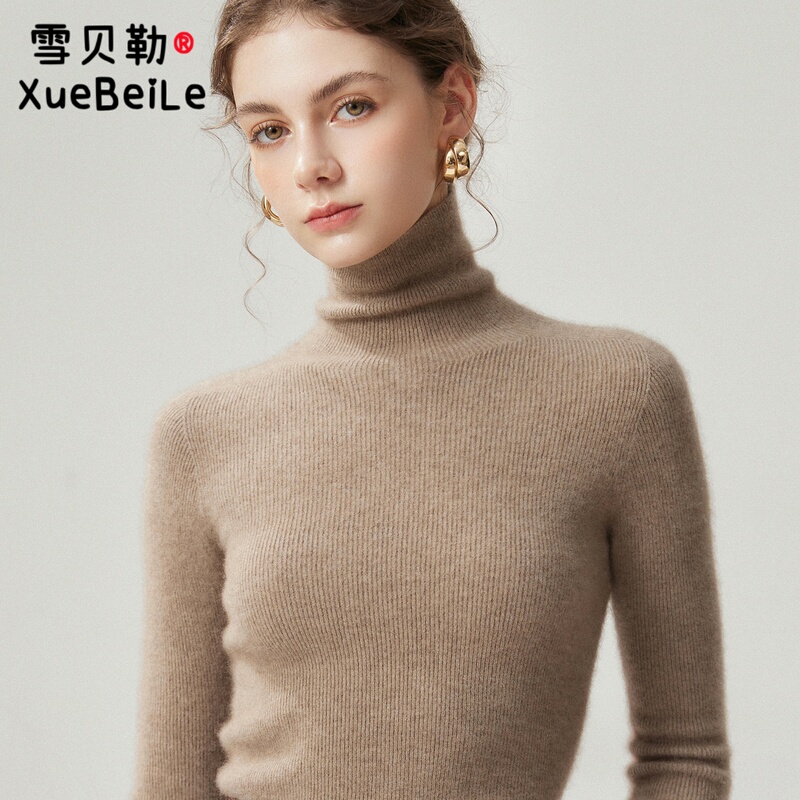 New Autumn and Winter 100% Pure Cashmere Sweater for Women, High-Neck Pullover, Slim Fit, Ribbed Knit Base Layer