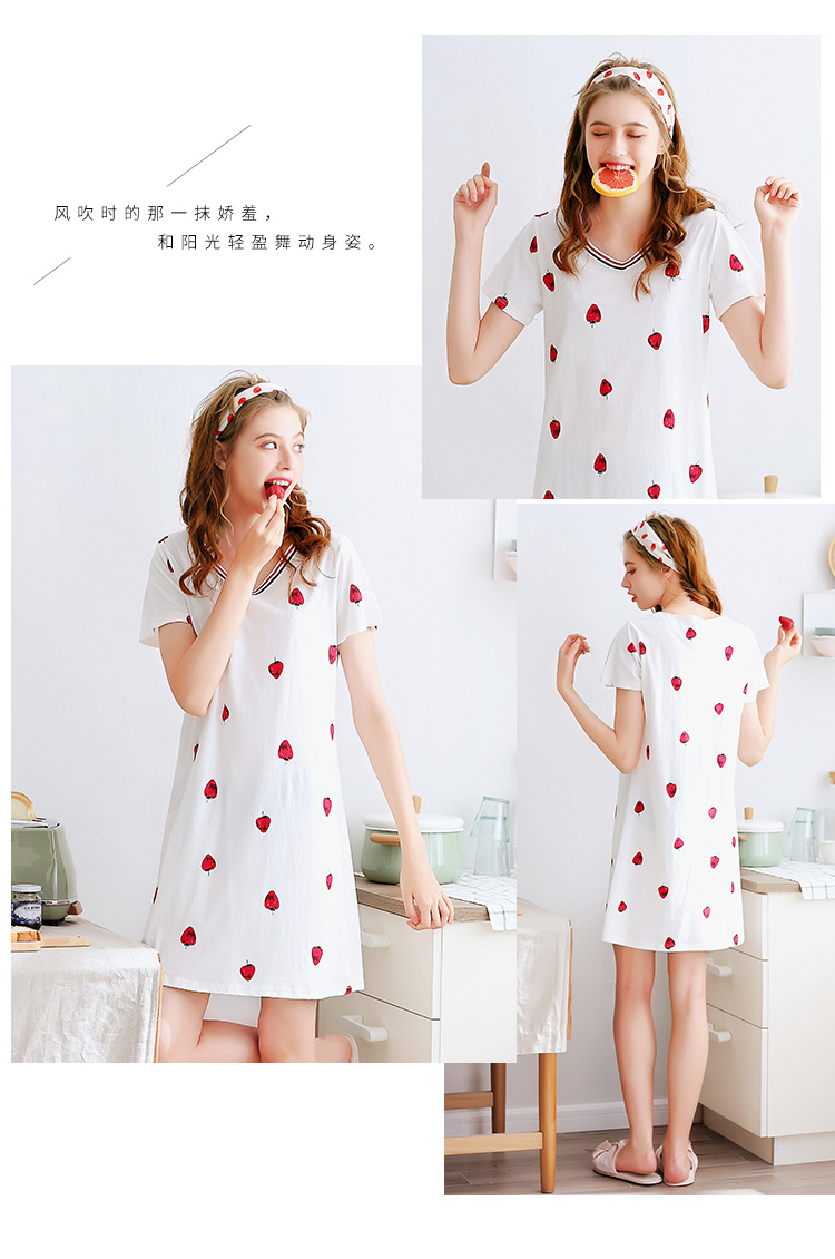 Váy ngủ nữ bằng vải cotton mới của Fenton mùa hè ngắn tay V-cổ dễ thương váy dâu ngọt ngào đầm cho người lớn tuổi