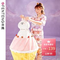 linefriends Fenten Brown Bear Pajamas Women Summer Cotton Short Sleeve Size Cotton Home Clothing Set