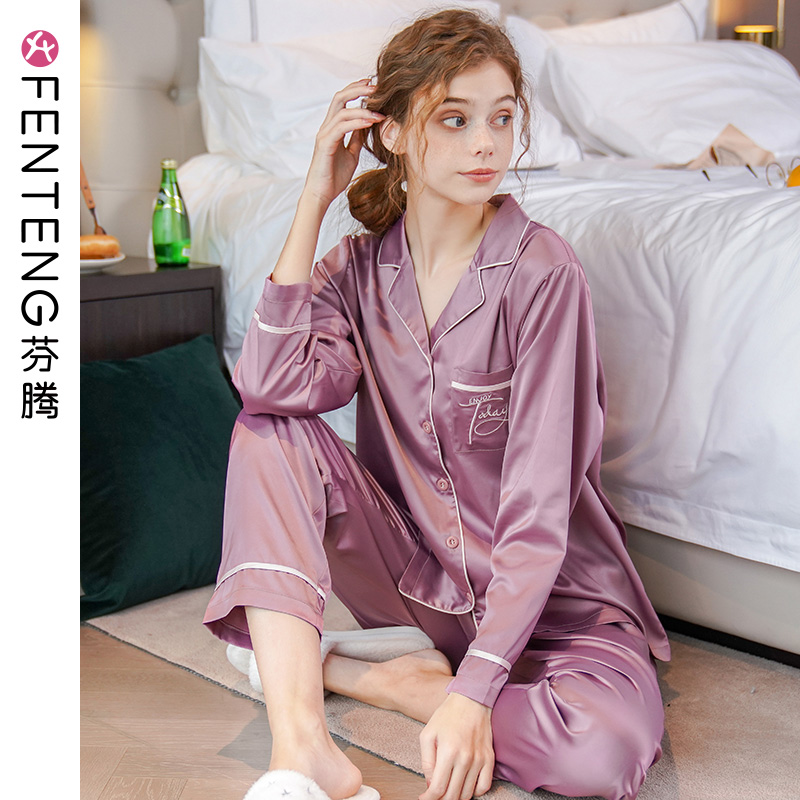 Fenteng spring and autumn couple pajamas women's silk ice silk long-sleeved middle-aged home clothes men's imitation silk suit