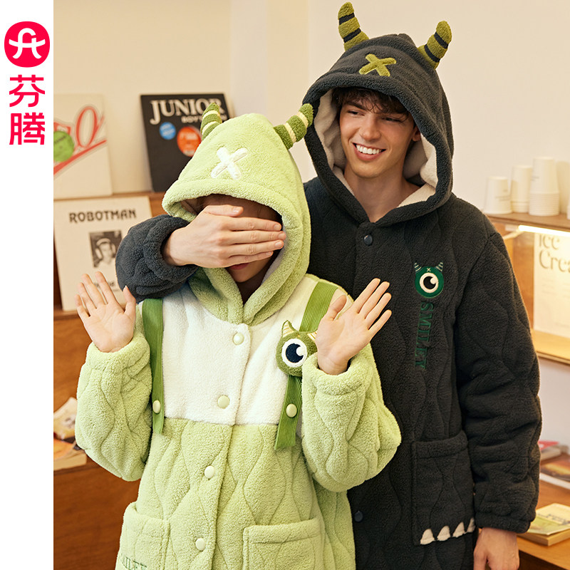 Fenteng Lovers Sleeping Robes Women Winter Coral Suede Triple thickened clip cotton plus suede hat pyjamas for men's warm family-Taobao