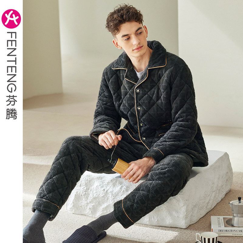 Fentensleeping pyjamas with three layers of thickened laminated cotton winter coral suede suit autumn winter style winter warm and great code home clothes-Taobao