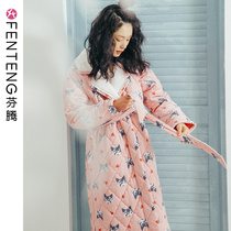 Fenten three-layer cotton dressing gown women thick warm flannel bathrobe medium length plus Velvet Morning gown pajamas women