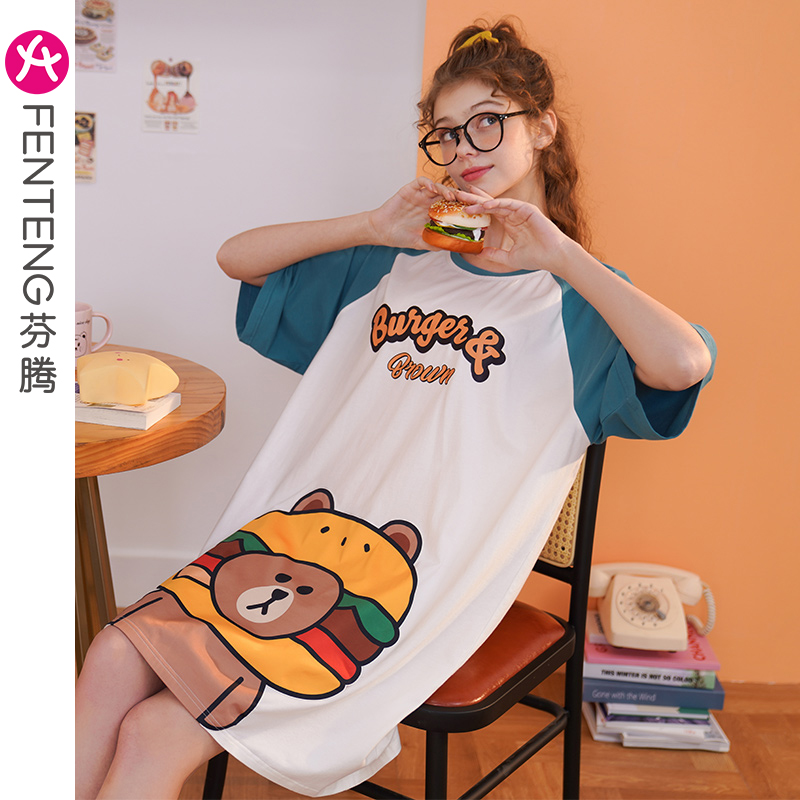 Fentten Brown Bear Genuine Couple Sleeping Dress Summer Cartoon Clothing