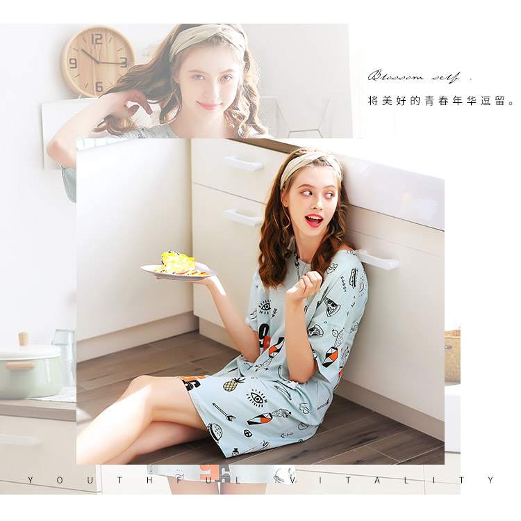Fen Teng 2018 hè mới đồ ngủ nữ dệt kim cotton ngắn tay áo ngủ hoạt hình ngọt ngào phiên bản Hàn Quốc của dịch vụ váy ngắn tại nhà áo ngủ 2 dây