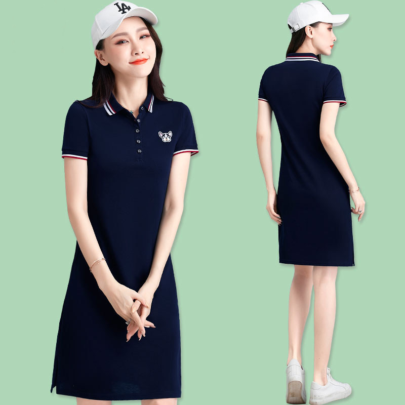 2021 summer new short sleeve sports style casual dress over knee T-shirt women's skirt medium long version Polo collar