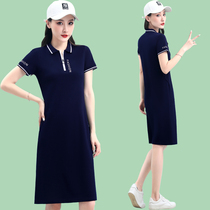 2021 summer new pocket casual ladies knee skirt long short sleeve polo collar sports dress