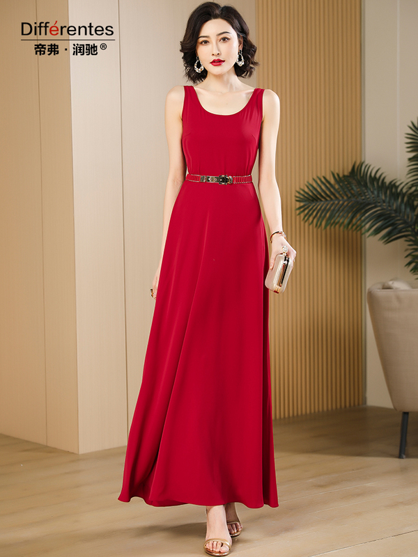 Difurunchi New Red Sleeveless Tank Dress for Women, Summer Elegant Flared Slim-Fit Spaghetti Strap Long Dress for Vacation
