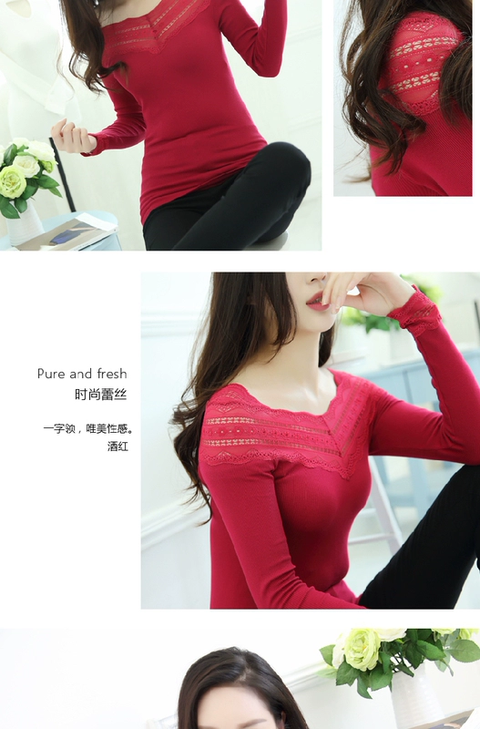 Bà Slim-fit cổ áo chạm đáy áo cotton đơn áo dài tay cổ chữ V ren lệch vai gợi cảm đồ lót gợi cảm áo ấm thu đông nam cổ lọ