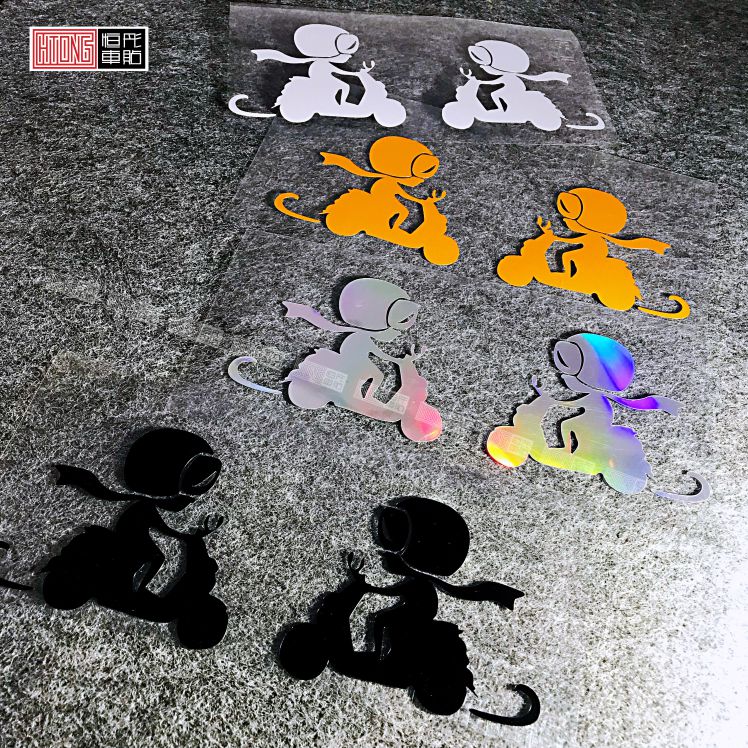 Hengtong Sticker Cartoon Q Version Bicycling Girl Electric Motor Car Decoration Funny Reflective Patch Paper Waterproof Case Sticker