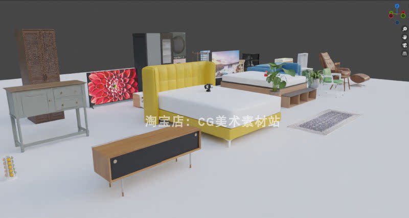 Blender资产室内家具家电床桌凳柜沙发洗衣机电视空调电器3D模型-cg男孩