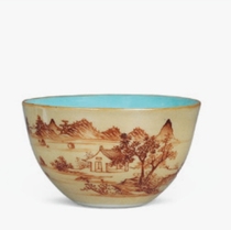 Qing Qianlong rice yellow glaze Rouge painted lying ceramic foot Cup ceramic foot Cup ceramic foot Cup landscape painting double color Cup