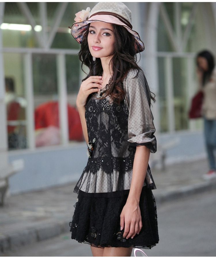 Áo mới 2018 màu hồng Mary màu đen đính cườm áo sơ mi ren xù nữ retro áo sơ mi voan mỏng áo sơ mi xanh dương