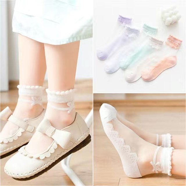 ຖົງຕີນນ້ໍາກ້ອນເດັກນ້ອຍເດັກຍິງ summer ຕາຫນ່າງບາງພາກຮຽນ spring ແລະດູໃບໄມ້ລົ່ນຝ້າຍບໍລິສຸດຖົງຕີນ Princess crystal socks ເດັກນ້ອຍ ultra-thin ກາງ tube
