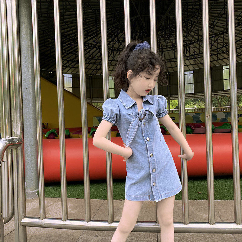 Parent-child dress mother girl skirt slim tie denim skirt children's dress 2022 summer dress new foreign trade children's wear