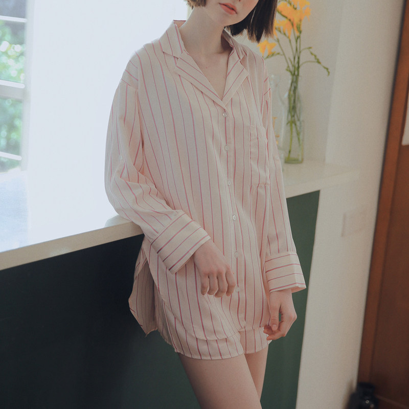 Mahoney Stripe Pajamas Female Spring and Autumn Thin Cozy Breathable Retro Satin Lady Three-piece Home Clothes