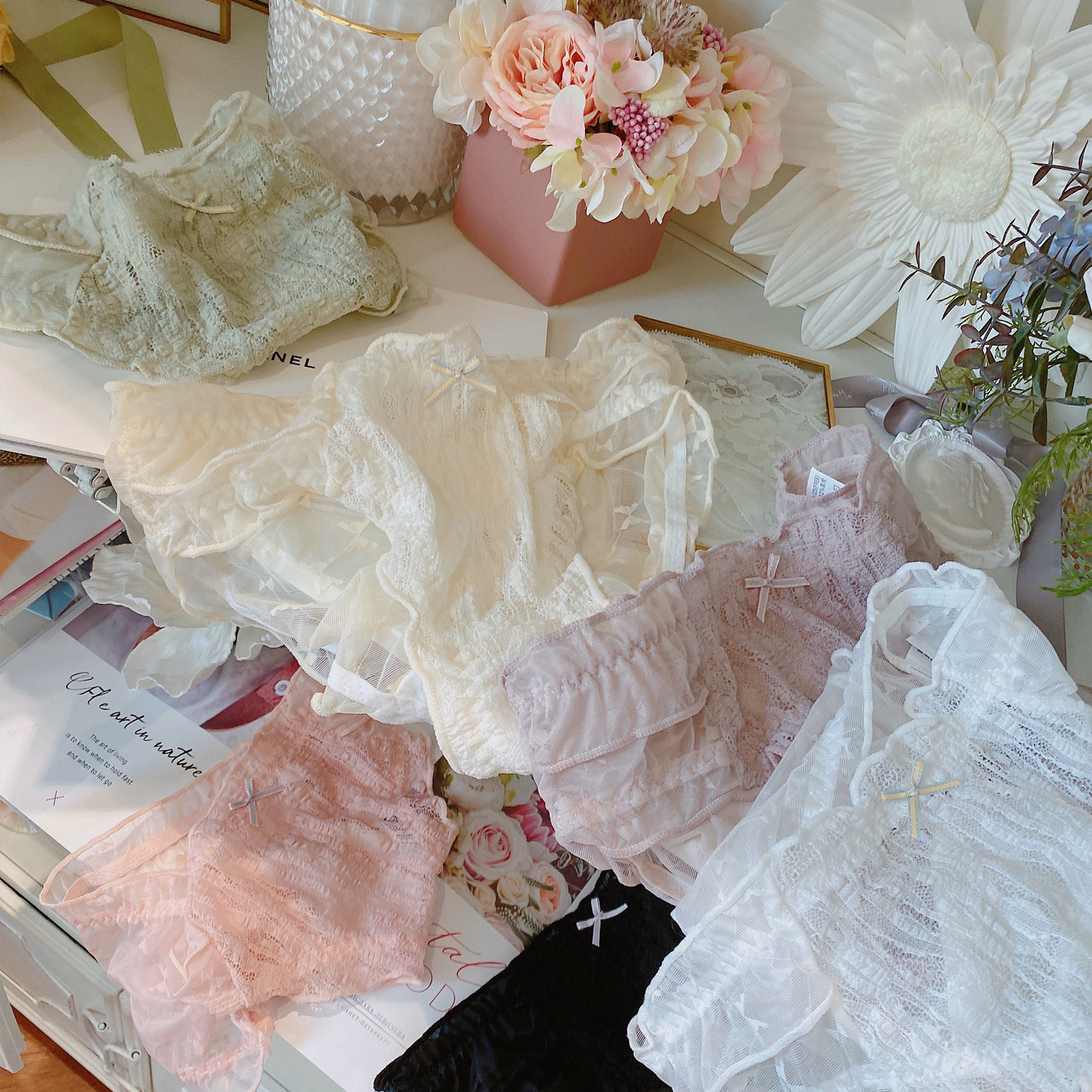 Butterfly bow diangg mesh all lace underwear low waist sexy mesh translucent sweet girl lovely inside