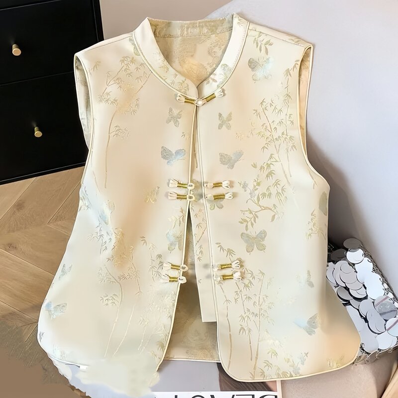 Middle-Aged Women's Autumn New Chinese-Style Vest Jacket with Butterfly Jacquard, Button Closure, Stand Collar, Sleeveless Vest Middle-Aged Women's Autumn New Chinese-Style Vest Jacket with Butterfly Jacquard, Button Closure, Stand Collar, Sleeveless Vest