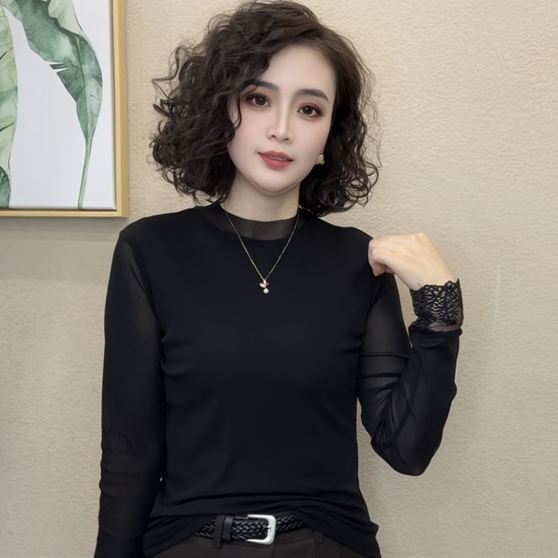 Autumn Solid Color Half-High Collar Mesh Lace Hollow-Out Sleeve Base Shirt g Middle-Aged Mom T-Shirt Slimming Versatile Top