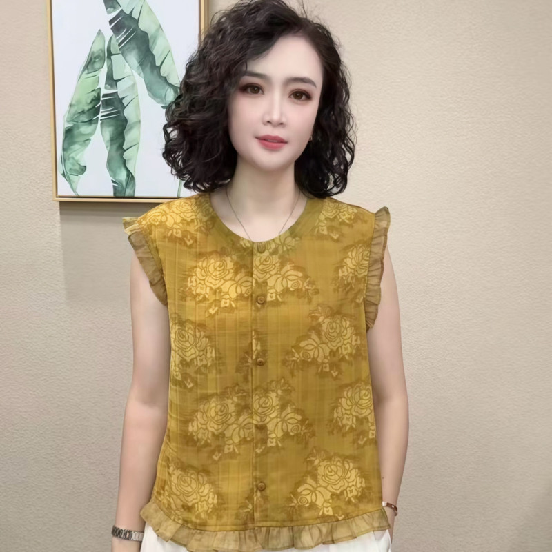Summer Thin Tencel Jacquard Ruffled Edge Round Neck Sleeveless Shirt New Style Elegant Slimming Blouse for Women Summer Thin Tencel Jacquard Ruffled Edge Round Neck Sleeveless Shirt New Style Elegant Slimming Blouse for Women