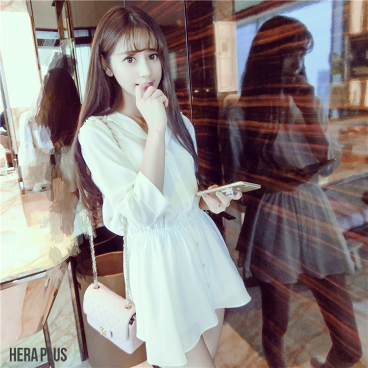 Mùa xuân phong cách mới áo sơ mi rộng kích thước lớn của phụ nữ dài bảy điểm tay áo sơ mi tay áo màu rắn váy váy áo voan kiểu