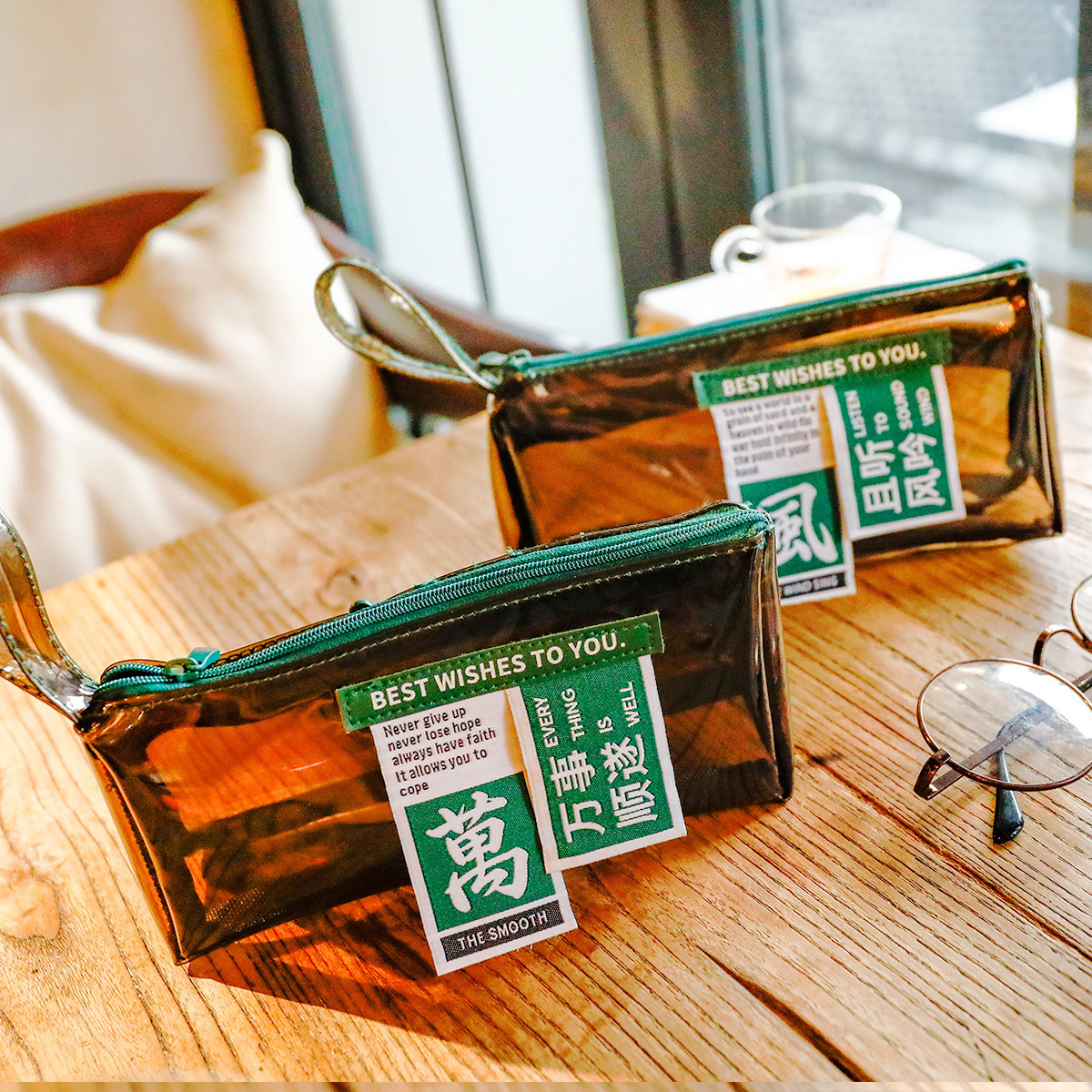 Simple double pen bag Transparent PVC national tide text storage bag Large capacity student supplies storage bag