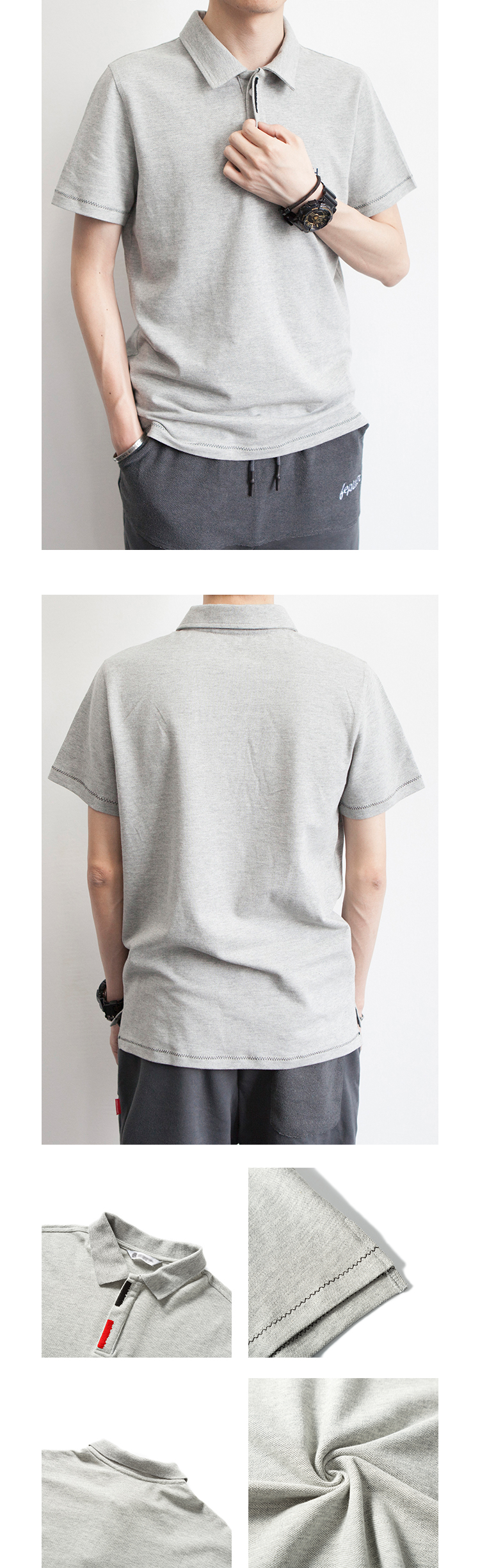 Mùa hè mới Nhật Bản nhỏ áo sơ mi polo ngắn tay nam thương hiệu thủy triều Slim áo sơ mi cotton màu xám ve áo nam áo thun polo