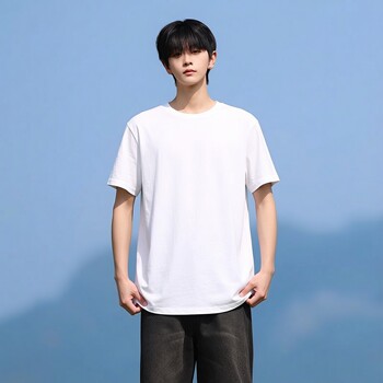 Woodpecker summer men's heavyweight cotton pure-sleeved t-shirt men's loose solid color bottoming shirt trendy anti-wrinkle ເສື້ອຜ້າສີຂາວ