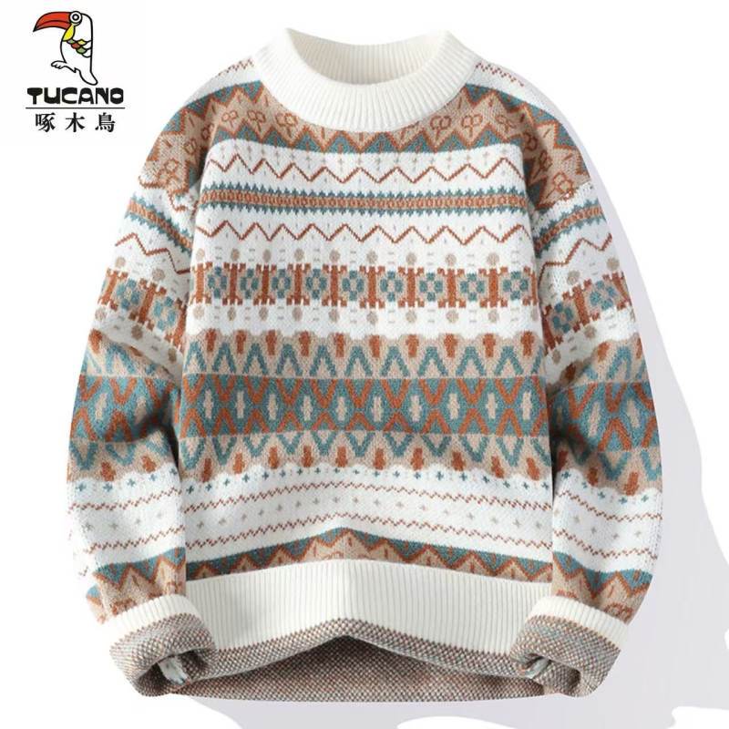 Woodpecker Autumn and Winter Ethnic Style Color Block Men's Round Neck Knitted Sweater Woolen Shirt for Layering Bohemian Style