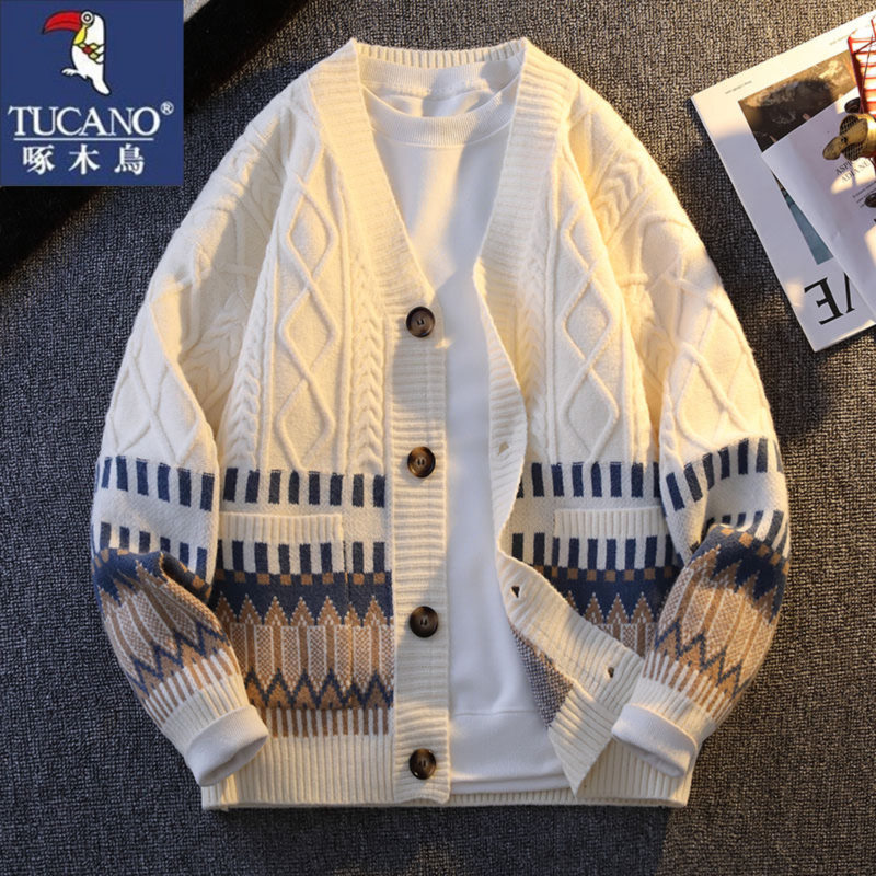 Woodpecker Cardigan Sweater Jacket for Men, Spring and Autumn, American Style, Loose Twist Knit Sweater, Preppy Style Men's Knitwear