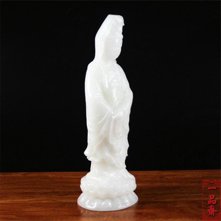 Natural white jade Nanhai Guanyin Buddha statue Bodhisattva standing statue feng shui offering ornament home Chinese town house Qiuzi living room