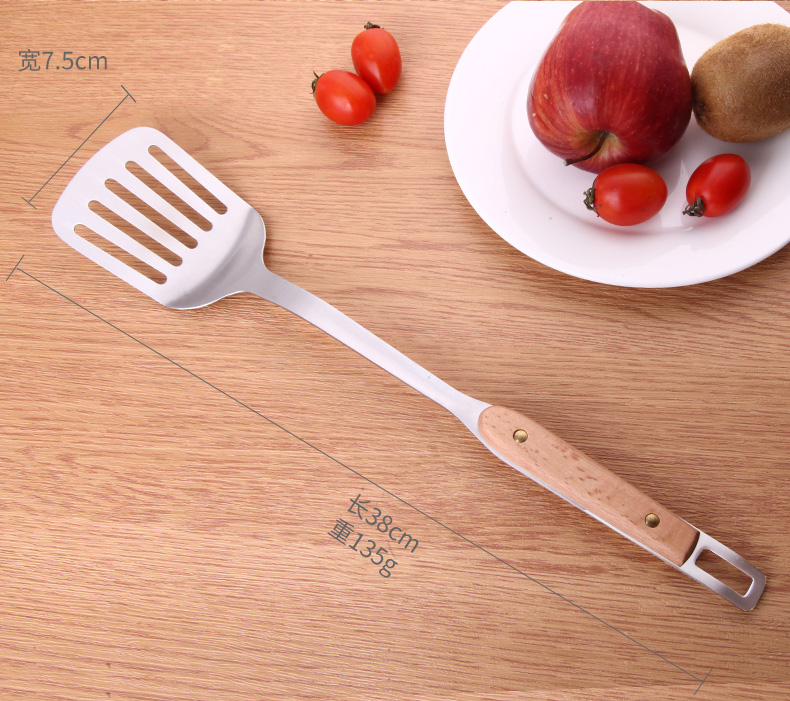 Thìa inox nhà bếp bếp xẻng treo kệ ba bộ tay cầm bằng gỗ chống vảy đặt đồ dùng nhà bếp chảo sâu lòng bếp từ