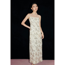 MandyZhang French Lace Beaded White Acetic Acid Sling Dress for Women's Summer New Style Temperament Long Skirt