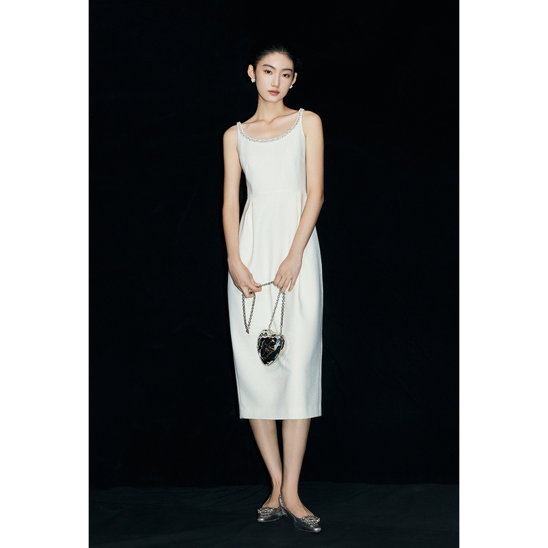 Mandyzhang White Moonlight Dress with Flower Bud Beading, White Spaghetti Strap Dress for Women, Engagement Light Dress, Waist-Cinching Dress Mandyzhang White Moonlight Dress with Flower Bud Beading, White Spaghetti Strap Dress for Women, Engagement Light Dress, Waist-Cinching Dress