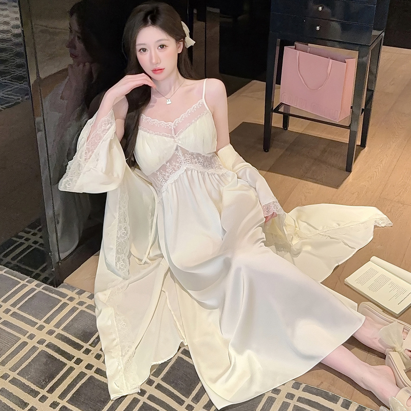 Sexy Suspender Nightgown with Breast Pads, Ice Silk Nightgown, Summer Pure Lust Lace Palace-Style Long Dress, Two-Piece Set, Robe, Home Wear
