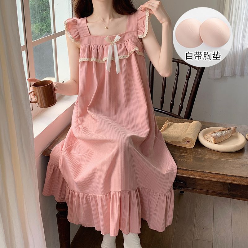 Mid-Length Sweet Style Camisole Nightgown with Breast Pads for Women, Summer Ruffled Princess Style, Can Be Worn Outside as Loungewear